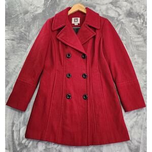 Anne Klein Wool Blend Double-breasted Pea Coat Size M Red Black Classic Preppy